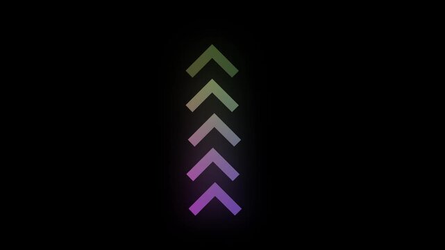 Abstract neon gradient arrow animation pointing upward, digital motion for user interface loading progress indicator, web navigation symbol, glowing tech background overlay