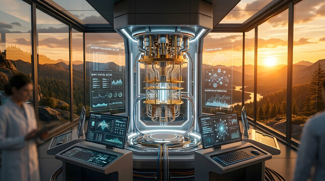 Scientists view quantum computing system with city and mountain landscape