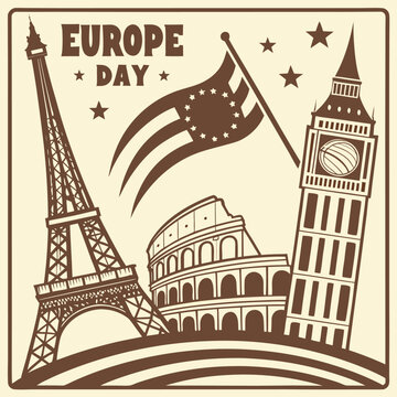Vintage sepia illustration for europe day featuring european landmarks and a symbolic starred flag eiffel tower big ben european union
