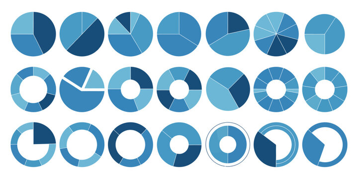 Pie chart diagrams featuring different colored circular segments for infographic data visualization design.