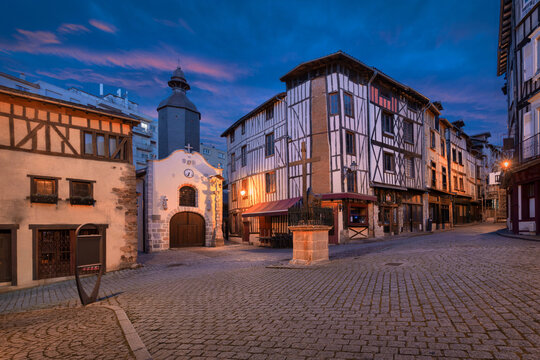 Limoges, France - view of Chapelle Saint Aurelien in historic  Butcher's Quarter (Quartier de la Boucherie) at dusk