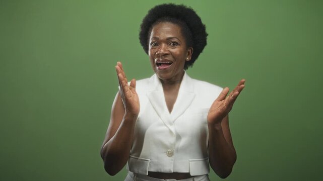 Woman clapping hands and smiling in green studio wearing white sleeveless vest and pearl earring, facing camera with open palms; joy celebration.