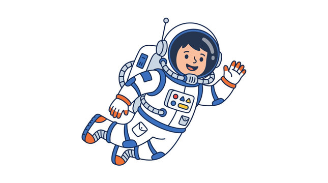 Cartoon astronaut character in space suit waving in zero gravity