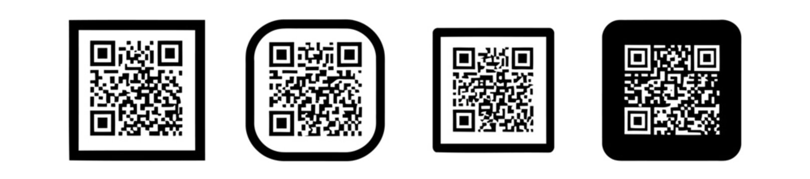 Multiple black and white square qr code icons with different border styles displayed in a horizontal line for digital scanning and modern mobile technology interface design
