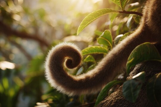 Macro portrait of a furry monkey tail in a vibrant rainforest setting