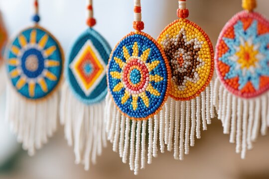 Colorful huichol beaded ornaments hanging vertically with intricate patterns and fringes, showcasing traditional craftsmanship and vibrant colors in a decorative display