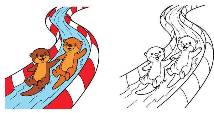 Cute Otter Water Slide Coloring Page Cartoon Vector Illustration for Kids