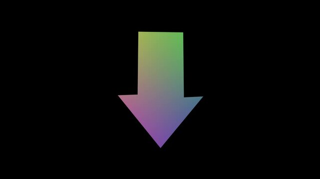 Minimalist gradient downward arrow animation featuring a smooth color transition from vibrant green to deep purple isolated on a solid black background, for modern digital interface
