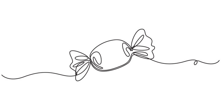 Candy in one continuous line drawing, Caramel and chocolate sweet in wrapper paper symbol for candy shop concept or web banner in simple linear style. Contour icon. Doodle vector illustration, pro