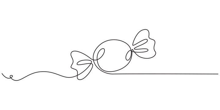 Candy in one continuous line drawing, Caramel and chocolate sweet in wrapper paper symbol for candy shop concept or web banner in simple linear style. Contour icon. Doodle vector illustration, pro