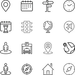 Location time navigation travel planning map destination icons, map pin, calendar, clock, globe, airplane, compass, signpost © Samim shop
