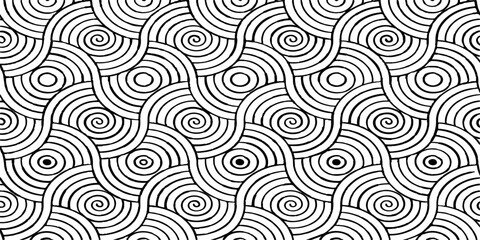 Abstract seamless vector pattern with black geometric swirls and floral waves creates a retro style textile ornament for wallpaper and decorative tile design © MdKefaitUllah