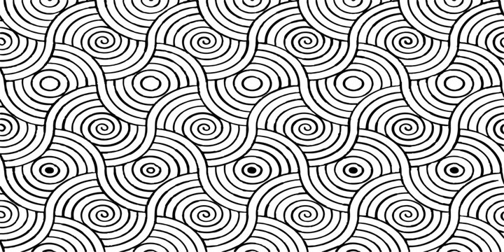 Abstract seamless vector pattern with black geometric swirls and floral waves creates a retro style textile ornament for wallpaper and decorative tile design