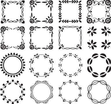Set of decorative floral frames and borders including circles squares and round shapes with botanical elements.