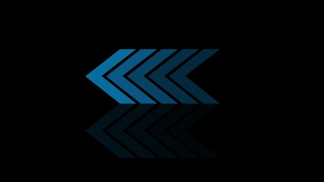 Dynamic neon blue chevron arrows pointing left with reflective surface effect on deep black background, for modern ui, interface motion digital, navigation, and tech presentations