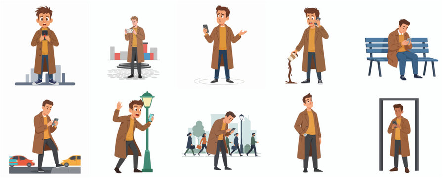 Set of illustrations featuring a man addicted to his smartphone in various everyday situations, depicting distracted walking, social isolation, and digital dependency risks.
