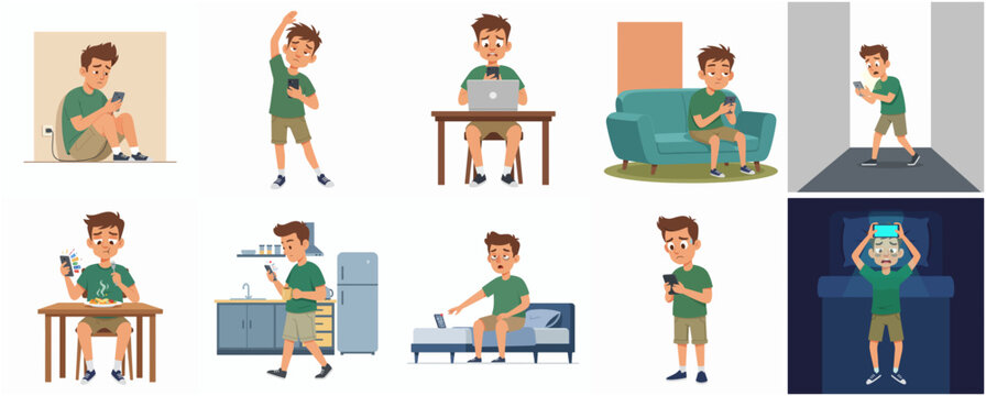 Smartphone Addiction Concept Illustration Set Featuring a Boy in Various Daily Scenarios