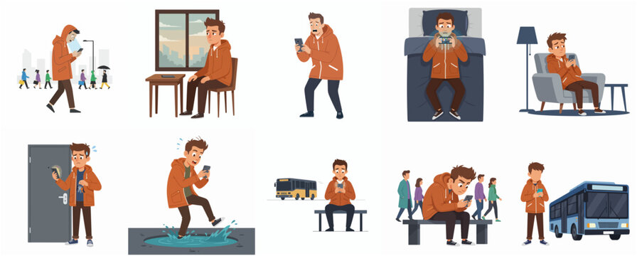 Smartphone Addiction and Social Isolation Concept Illustration Set