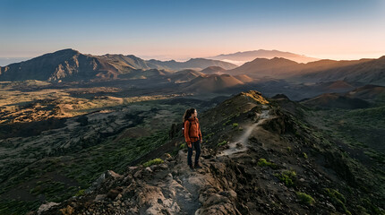 Fototapeta premium Hiker with backpack stands on a rocky ridge overlooking a vast mountain