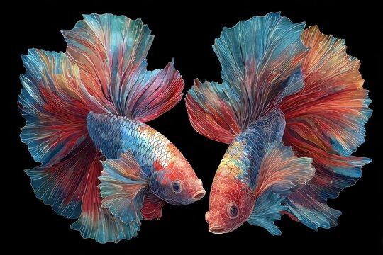 Symmetrical ballet-inspired betta fish with flowing fins against a dark backdrop