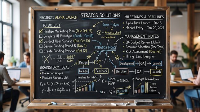 Dynamic chalkboard presentation of business project management, outlining tasks, deadlines, brainstorm ideas, and development workflow