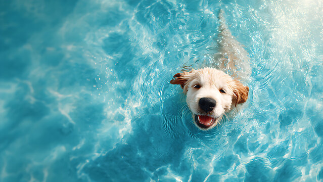 A happy looking puppy floats in the clear blue water.