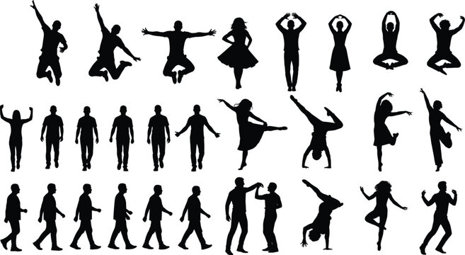 People dancing and jumping silhouette collection with walking poses, acrobatic movements and active human figures vector set