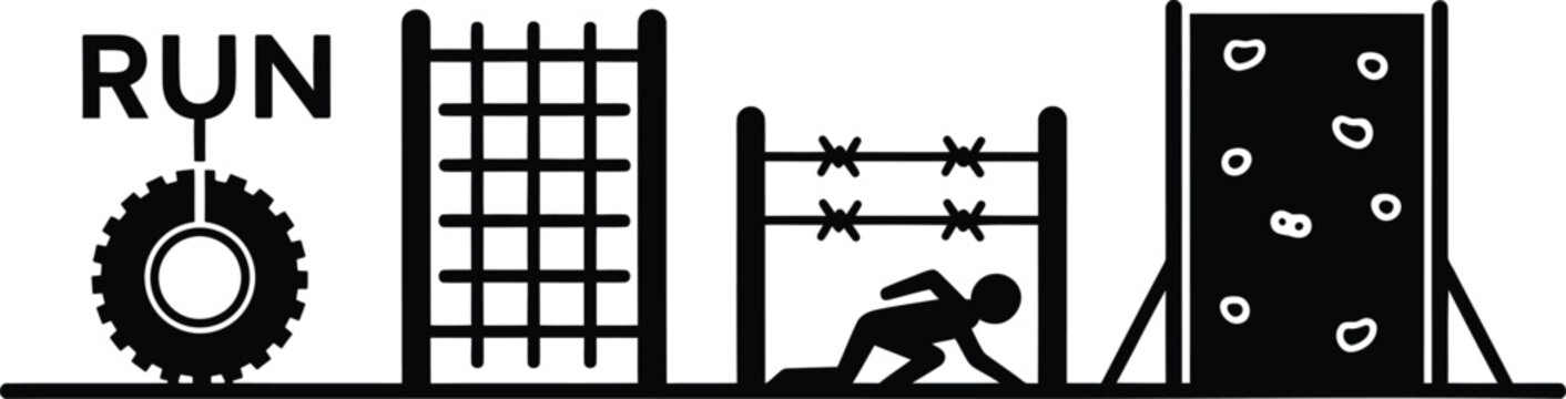 WebObstacle course racing with tire flip wall climb and hurdles
