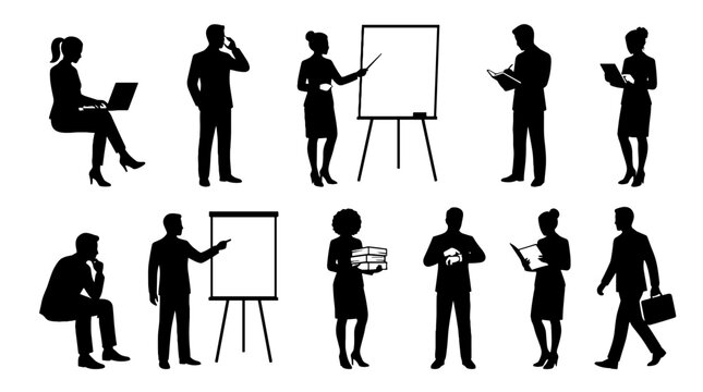 Diverse Business People Silhouette Set: Professional Corporate Communicators in Various Poses