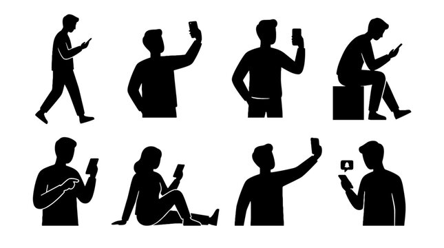 Diverse group of people using modern communication devices in various poses silhouette designs