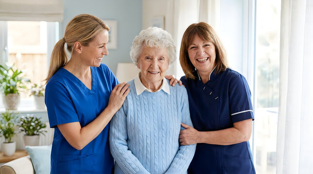 Two female caregivers supporting a happy elderly woman in a bright, comfortable living room setting
