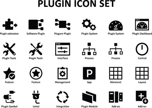 Comprehensive set of flat black software plugin and application development interface icons for technical projects