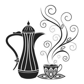 Traditional arabic coffee pot dallah and cup with swirling steam silhouette