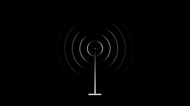 Minimalist digital signal transmission animation featuring pulsing concentric radio waves radiating from a central antenna tower on a clean black background, for modern technology communications