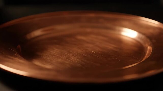 Close-up of Copper Plate with Reflective Surface and Warm Lighting.