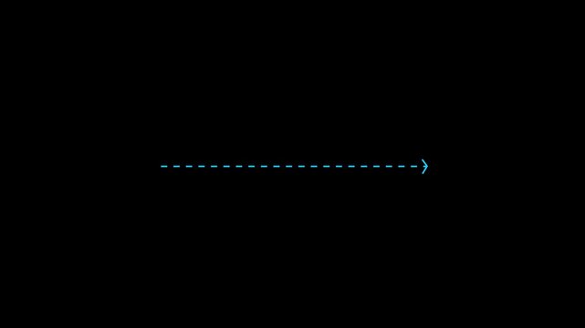Minimalist blue dotted line arrow animation pointing forward on black background, digital hud interface motion asset for ui ux navigation and directional visual communication
