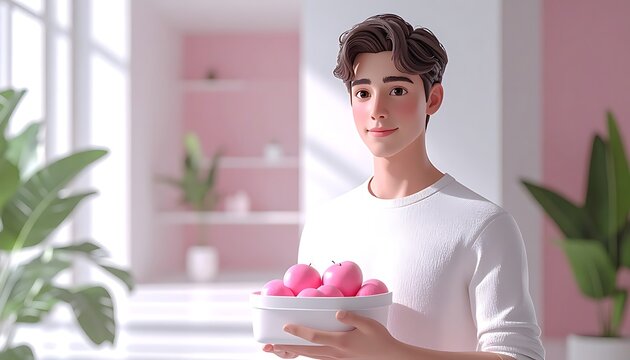 Young man with light brown hair and rosy cheeks holding a white box filled with pink fruit, standing in a bright room with pastel pink walls and green plants, soft natural light.