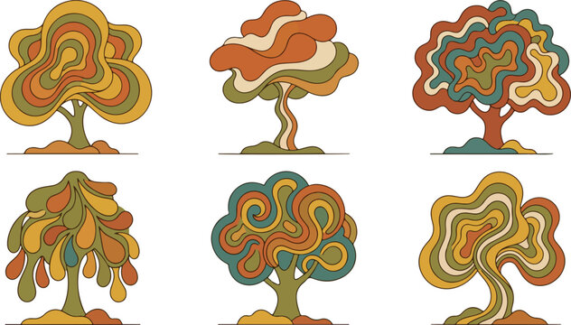 Abstract wavy trees collection psychedelic organic shapes modern design vector illustration set with flowing lines and earthy colors.