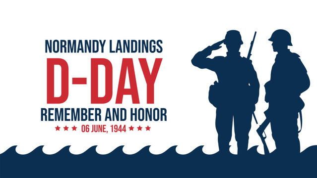 D Day Normandy Landings Memorial Design with Soldier Silhouettes and Patriotic Typography for Remembrance and Honor Event Banner