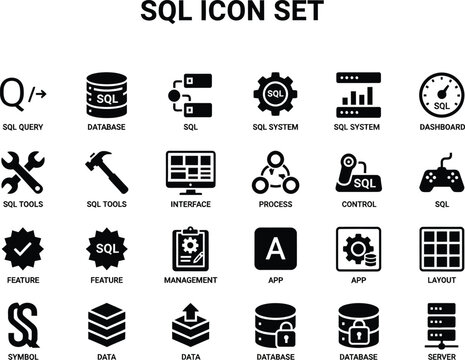 Collection of black flat sql database and software development icons for modern web application interfaces