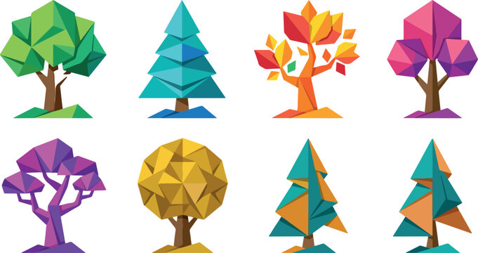 Low poly geometric tree set featuring angular polygons in bright colors representing modern paper craft style for digital landscape assets.