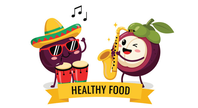 Tropical mangosteen fruit characters having a party while playing red bongo drums and a golden saxophone under a banner.