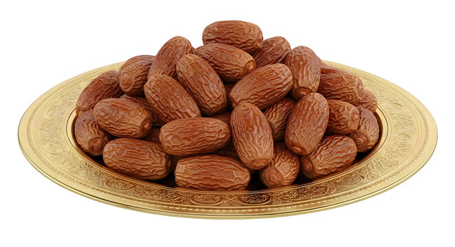 Plate of dried dates, traditional ramadan food on golden ornate dish.