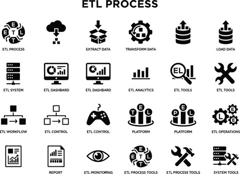 Collection of professional black icons representing data extraction transformation and loading processes for software engineering