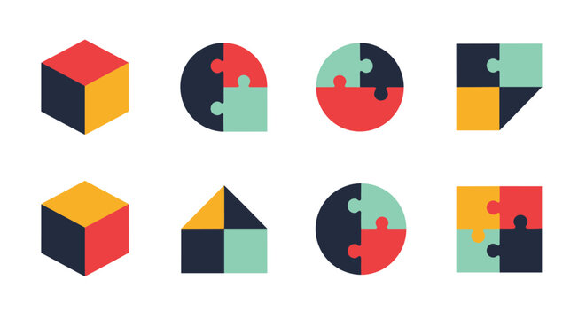 Collection of colorful geometric shapes and puzzle pieces including cubes, circles, and squares in red, yellow, teal, and navy blue tones.