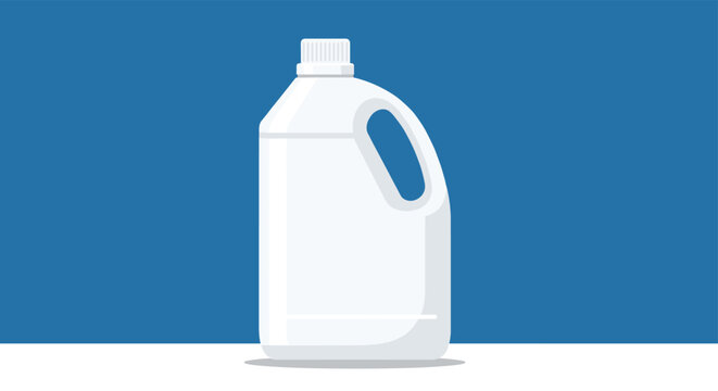 Large white plastic jug with a handle and a ribbed cap used for storing liquids like milk, juice, or household cleaning detergents on blue.
