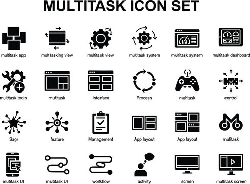 Collection of black icons representing multitasking interface tools and workflow management for software developers and users
