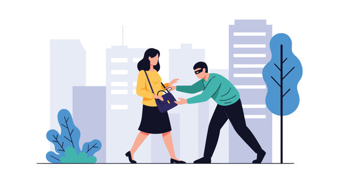Crime scene illustration showing a masked thief attempting to snatch a purple handbag from a woman walking on a city sidewalk.
