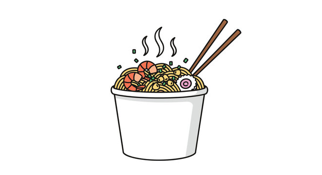 Delicious hot cup of noodles topped with pink shrimp, green onions, and naruto fish cakes being eaten with wooden chopsticks.