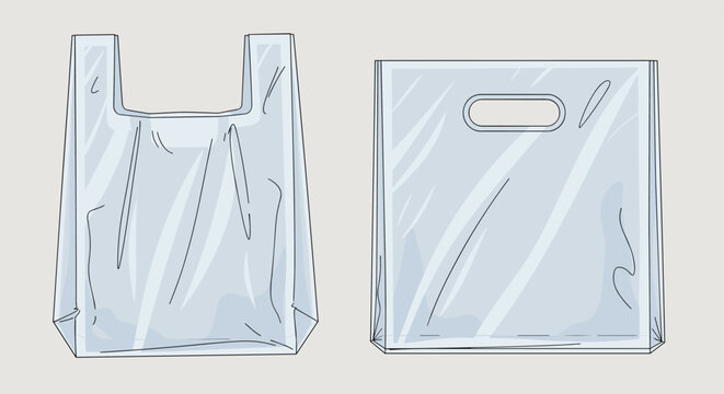 Two types of transparent plastic shopping bags including a vest style handle bag and a punch out handle bag isolated on a light background.
